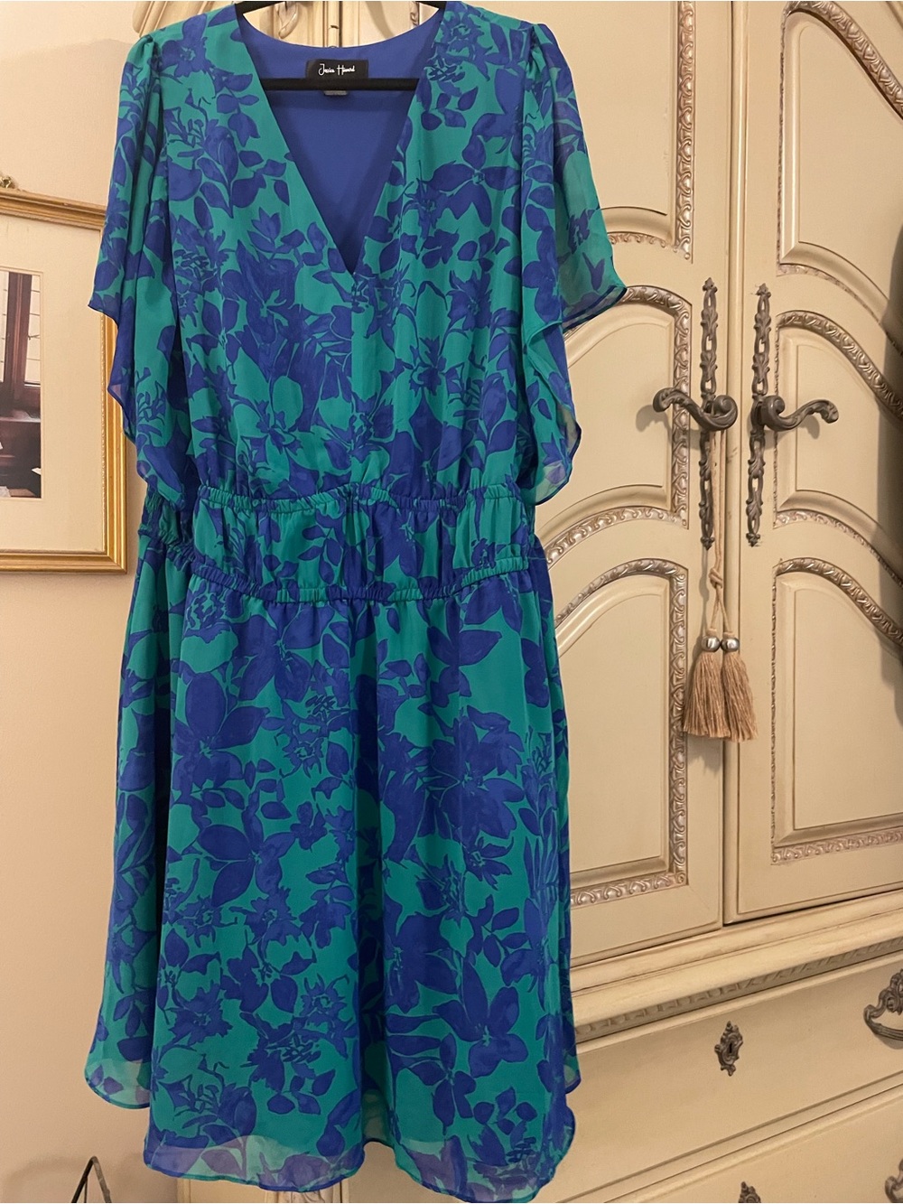 Jessica Howard Teal and Blue Floral chiffon knee length Dress